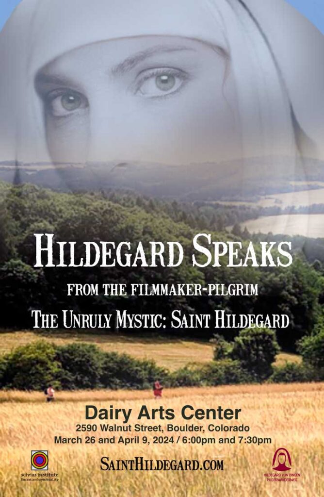 Hildegard looks down across the countryside in this movie poster for Hildegard Speaks